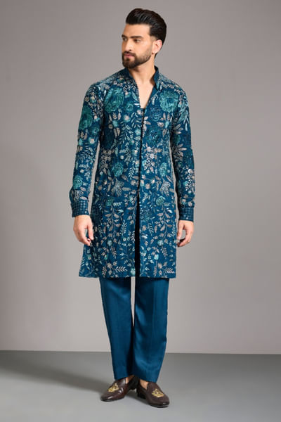 Peacock blue thread embroidered kurta set