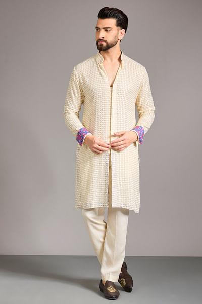Ivory thread embroidered kurta set