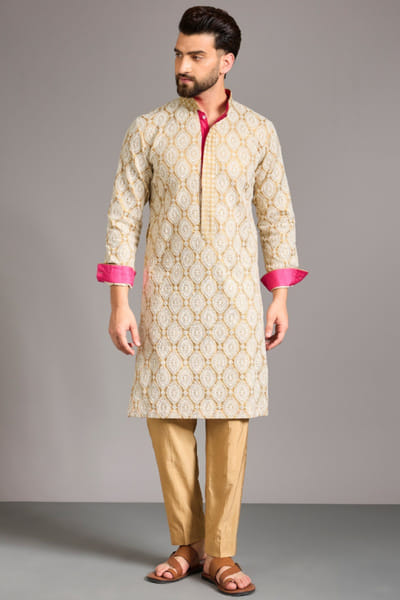 Ivory and gold thread embroidered kurta set