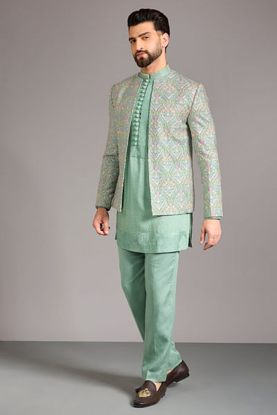 Sage green zari embroidered jacket set