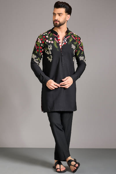 Black thread embroidered kurta set