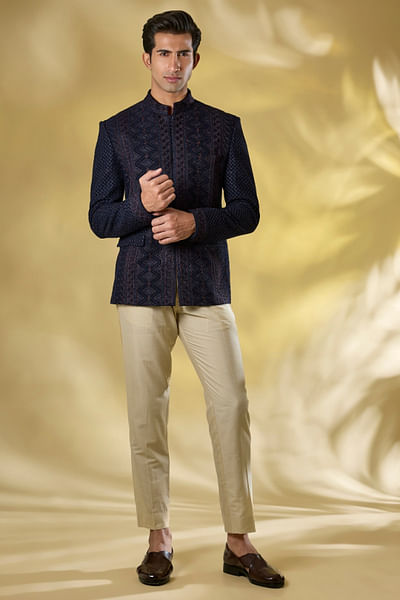 Dark blue sequin embroidered bandhgala