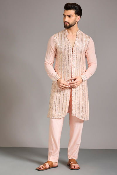 Blush peach sequin embroidered kurta set