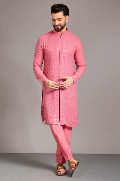 Rose pink sequin embroidered kurta set
