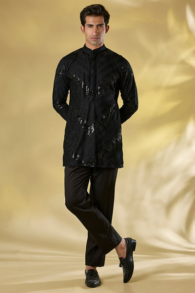 Black sequin and thread embroidered kurta set