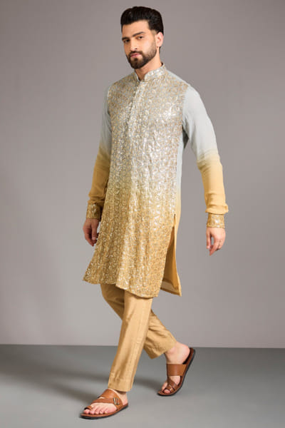 Gold and grey thread embroidered kurta set