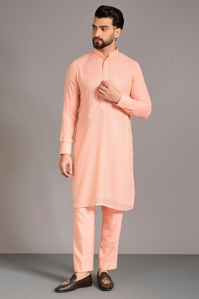 Peach sequin embroidered kurta set