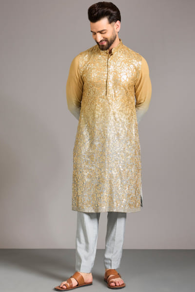 Grey and gold sequin embroidered kurta set
