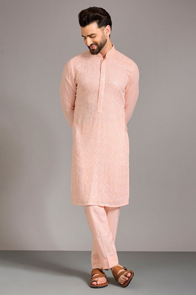 Pale peach sequin embroidered kurta set