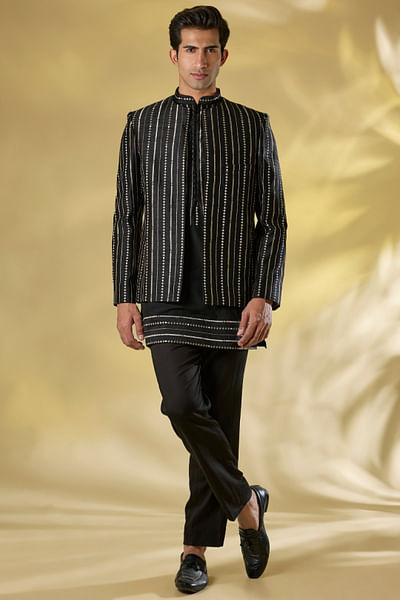 Black zari work open jacket set