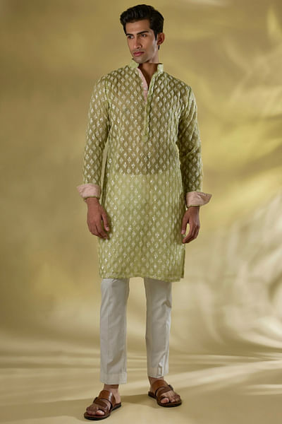 Lime green thread embroidered kurta set