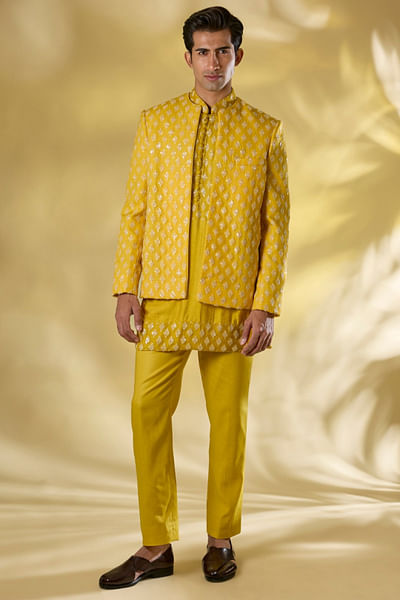 Yellow sequin embroidered open jacket set