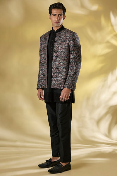 Black embroidered open jacket set