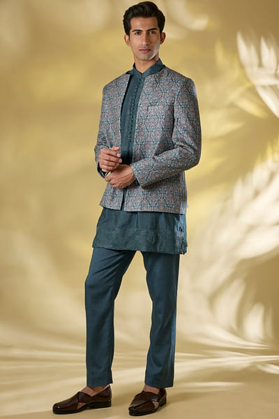 Teal thread embroidered open jacket set
