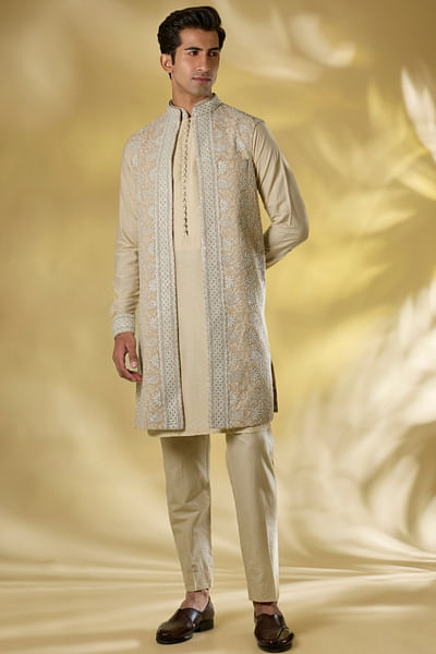 Beige sequin embroidered open jacket set