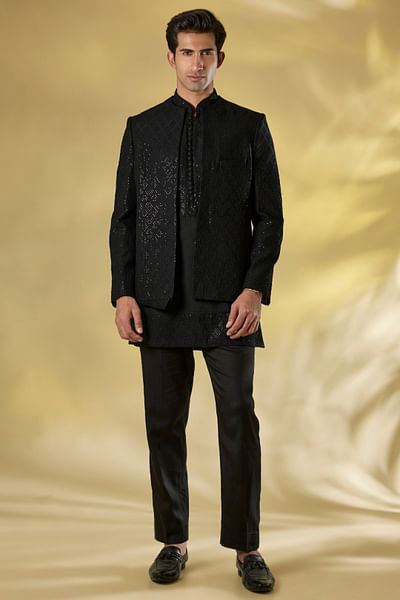 Black sequin embroidered open jacket set