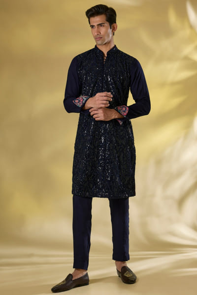 Dark blue sequin embroidered kurta set
