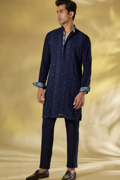 Dark blue thread embroidered kurta set