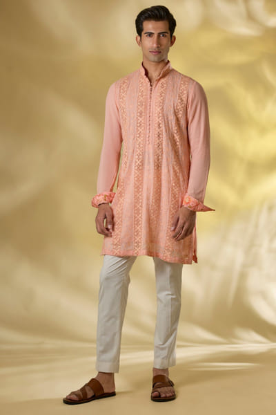 Pale peach thread embroidered kurta set