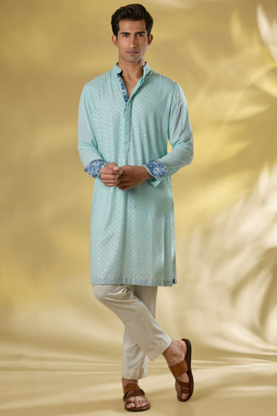 Sky blue thread embroidered kurta set