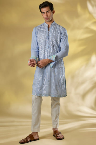 Pale blue thread embroidered kurta set