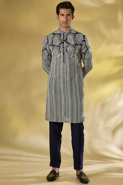 Dark blue thread embroidery kurta set