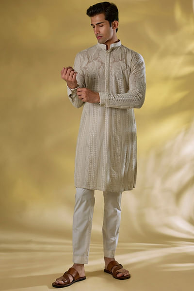Grey thread embroidered kurta set
