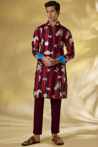 Wine zari work kurta set