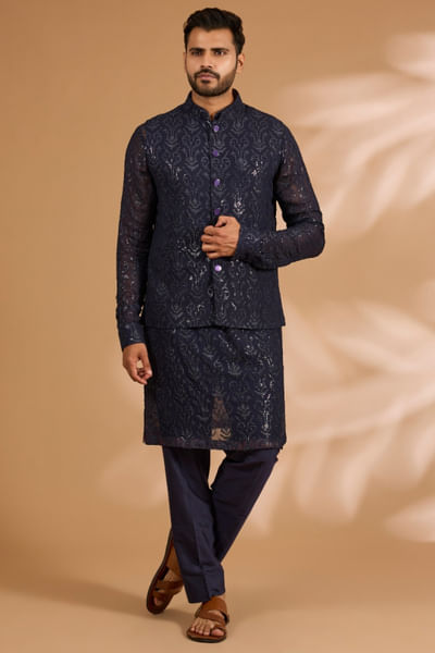 Blue sequin embroidered bandi kurta set
