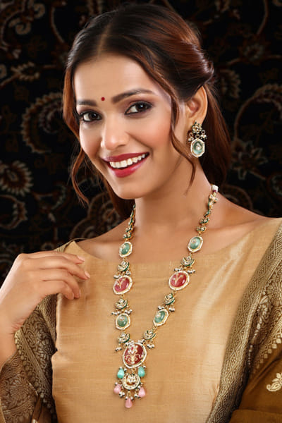 Multicoloured stone-studded long kundan necklace set