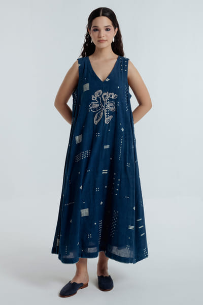 Rias Jaipur Indigo dyed bagru dabu print embroidered dress RIASAUG26D152460