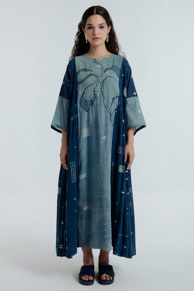 Rias Jaipur Indigo dyed bagru dabu print embroidered dress RIASAUG26D152462