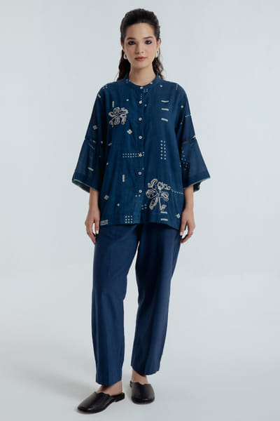 Rias Jaipur Indigo dyed bagru dabu print embroidered shirt RIASAUG26D152463
