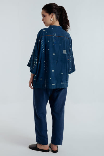 Rias Jaipur Indigo dyed bagru dabu print embroidered shirt RIASAUG26D152463