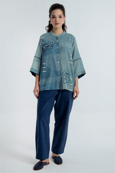 Rias Jaipur Indigo dyed bagru dabu print embroidered shirt RIASAUG26D152465