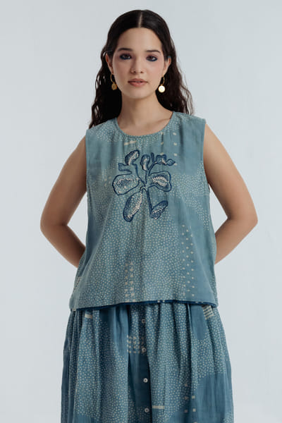 Rias Jaipur Indigo dyed bagru dabu print embroidered top RIASAUG26D152467