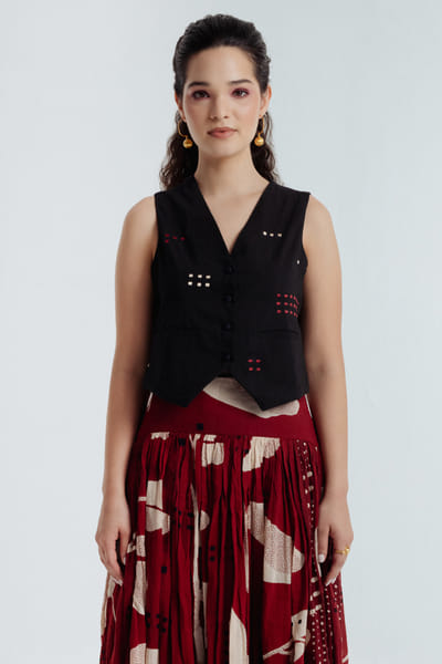 Rias Jaipur Black bagru dabu print embroidered waistcoat RIASAUG26D152472