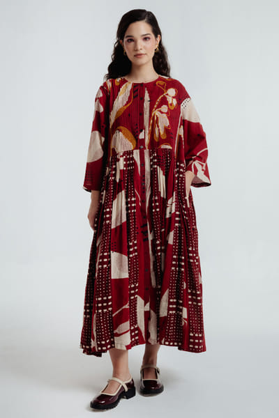 Rias Jaipur Red-black dyed bagru dabu print pleated dress RIASAUG26D152475