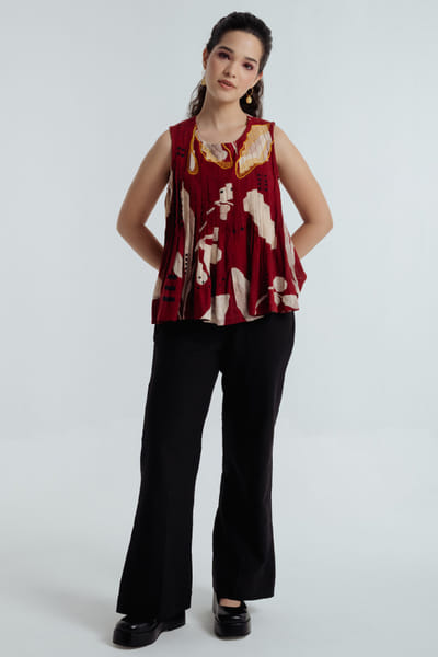 Rias Jaipur Red-black dyed bagru dabu print pleated top RIASAUG26D152476