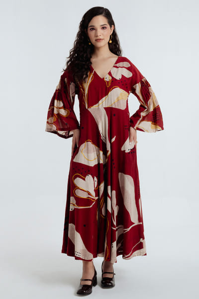 Rias Jaipur Red-black dyed bagru dabu print maxi dress RIASAUG26D152477