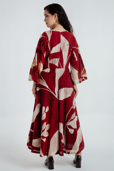 Rias Jaipur Red-black dyed bagru dabu print maxi dress RIASAUG26D152477
