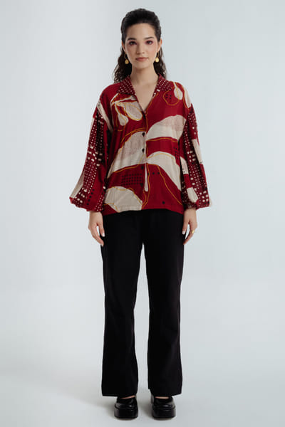 Rias Jaipur Red-black dyed bagru dabu print shirt RIASAUG26D152478