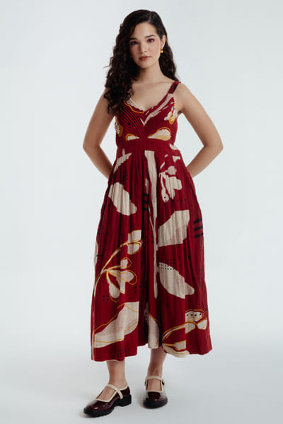Rias Jaipur Red-black dyed bagru dabu print gathered dress RIASAUG26D152479