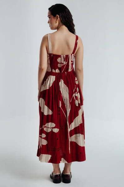 Rias Jaipur Red-black dyed bagru dabu print gathered dress RIASAUG26D152479