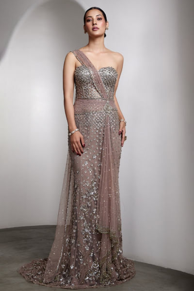 Pink embellished drape gown