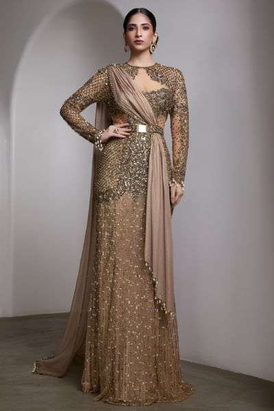 Nude bead embellished gown