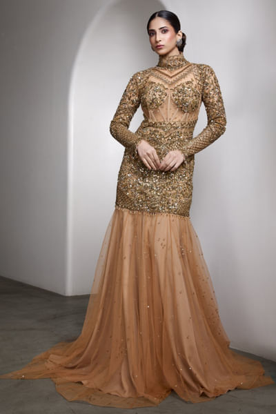 Nude embroidered high-neck gown