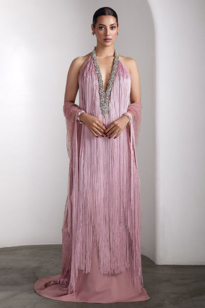 Pink embellished fringe gown
