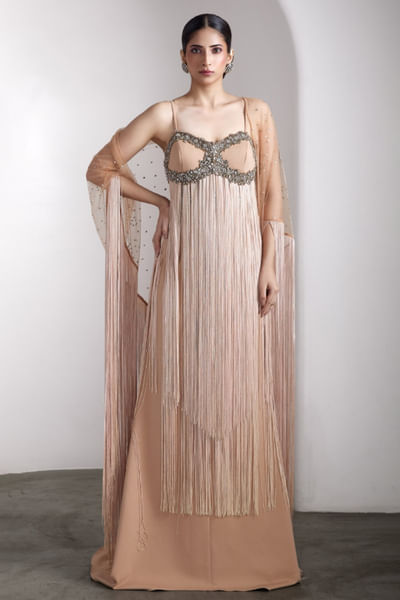 Nude embellished fringe gown