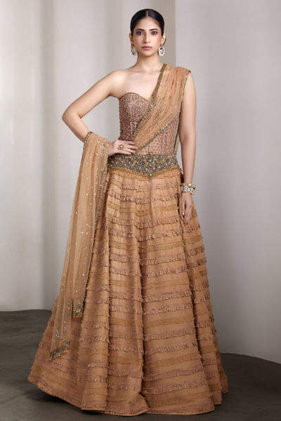 Nude embroidered ruffle lehenga set